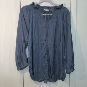 Steel blue, long sleeve blouse with ruffled details